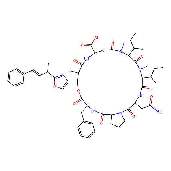 2D Structure of (3S,6S,9R,13R,16R,17R,20S,23S)-3-(2-amino-2-oxoethyl)-20-benzyl-6-[(2S)-butan-2-yl]-9-[(2R)-butan-2-yl]-7,10,16-trimethyl-2,5,8,11,15,19,22-heptaoxo-17-[2-[(E,2S)-4-phenylbut-3-en-2-yl]-1,3-oxazol-4-yl]-18-oxa-1,4,7,10,14,21-hexazabicyclo[21.3.0]hexacosane-13-carboxylic acid