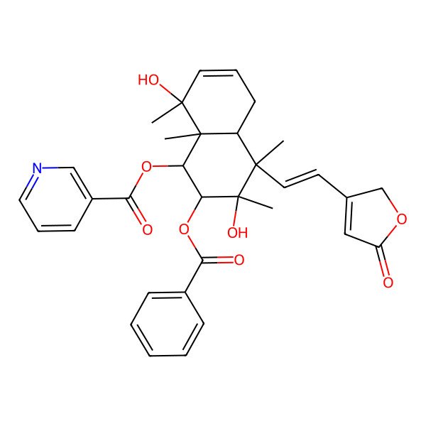 2D Structure of [2-benzoyloxy-3,8-dihydroxy-3,4,8,8a-tetramethyl-4-[2-(5-oxo-2H-furan-3-yl)ethenyl]-1,2,4a,5-tetrahydronaphthalen-1-yl] pyridine-3-carboxylate