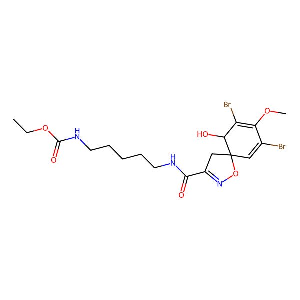 2D Structure of ethyl N-[5-[(7,9-dibromo-6-hydroxy-8-methoxy-1-oxa-2-azaspiro[4.5]deca-2,7,9-triene-3-carbonyl)amino]pentyl]carbamate