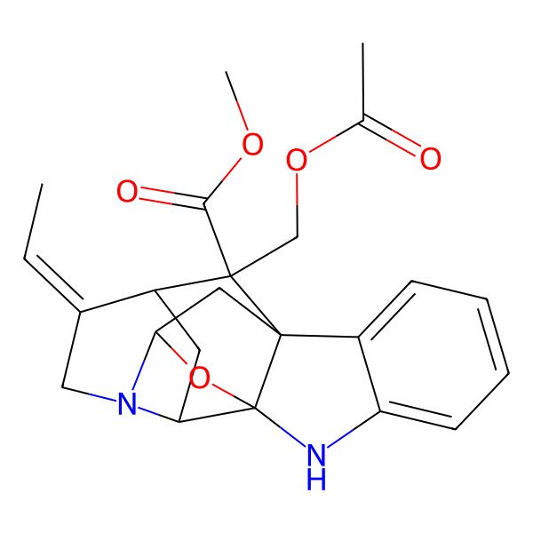 2D Structure of methyl (1R,9S,11S,14E,15S,17S,19S)-19-(acetyloxymethyl)-14-ethylidene-18-oxa-2,12-diazahexacyclo[9.6.1.19,15.01,9.03,8.012,17]nonadeca-3,5,7-triene-19-carboxylate