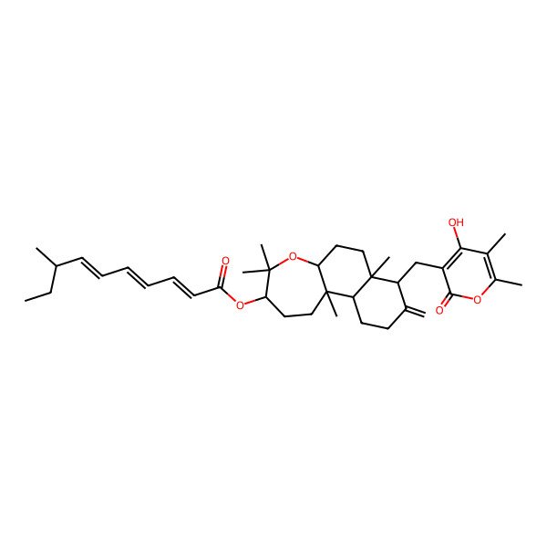 2D Structure of [8-[(4-Hydroxy-5,6-dimethyl-2-oxopyran-3-yl)methyl]-4,4,7a,11b-tetramethyl-9-methylidene-1,2,3,5a,6,7,8,10,11,11a-decahydronaphtho[2,1-b]oxepin-3-yl] 8-methyldeca-2,4,6-trienoate