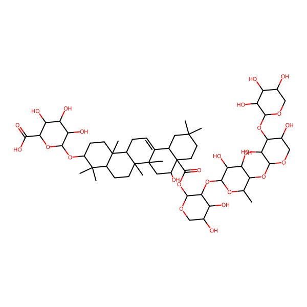2D Structure of (2S,3S,4S,5R,6R)-6-[[(3S,4aR,6aR,6bS,8R,8aR,12aS,14aR,14bR)-8a-[(2S,3R,4S,5R)-3-[(2S,3R,4S,5R,6S)-5-[(2S,3R,4S,5R)-3,5-dihydroxy-4-[(2S,3R,4S,5R)-3,4,5-trihydroxyoxan-2-yl]oxyoxan-2-yl]oxy-3,4-dihydroxy-6-methyloxan-2-yl]oxy-4,5-dihydroxyoxan-2-yl]oxycarbonyl-8-hydroxy-4,4,6a,6b,11,11,14b-heptamethyl-1,2,3,4a,5,6,7,8,9,10,12,12a,14,14a-tetradecahydropicen-3-yl]oxy]-3,4,5-trihydroxyoxane-2-carboxylic acid