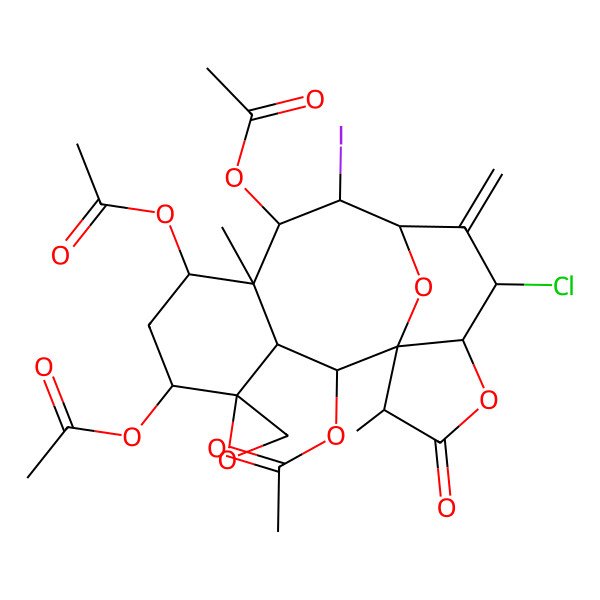 2D Structure of [(1R,2S,3S,4R,5R,7S,8R,9R,10R,11R,13S,14R,17R)-2,5,9-triacetyloxy-13-chloro-10-iodo-8,17-dimethyl-12-methylidene-16-oxospiro[15,18-dioxatetracyclo[9.6.1.01,14.03,8]octadecane-4,2'-oxirane]-7-yl] acetate