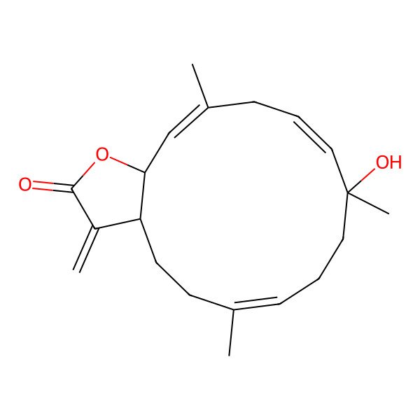 2D Structure of (3aS,10S,11E,14E,15aS)-10-hydroxy-6,10,14-trimethyl-3-methylidene-4,5,8,9,13,15a-hexahydro-3aH-cyclotetradeca[b]furan-2-one