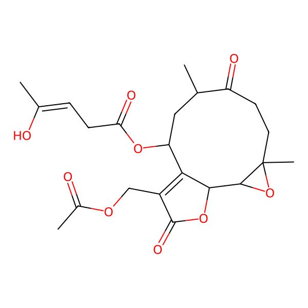 2D Structure of [12-(Acetyloxymethyl)-4,8-dimethyl-7,13-dioxo-3,14-dioxatricyclo[9.3.0.02,4]tetradec-11-en-10-yl] 4-hydroxypent-3-enoate