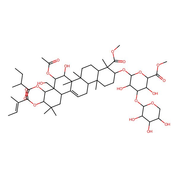 2D Structure of methyl (2S,3S,4S,5R,6R)-6-[[(3S,4S,4aR,6aR,6bS,7R,8S,8aR,9R,10R,12aS,14aR,14bR)-8-acetyloxy-7-hydroxy-8a-(hydroxymethyl)-4-methoxycarbonyl-4,6a,6b,11,11,14b-hexamethyl-9-[(2R)-2-methylbutanoyl]oxy-10-[(Z)-2-methylbut-2-enoyl]oxy-1,2,3,4a,5,6,7,8,9,10,12,12a,14,14a-tetradecahydropicen-3-yl]oxy]-3,5-dihydroxy-4-[(2S,3R,4S,5S)-3,4,5-trihydroxyoxan-2-yl]oxyoxane-2-carboxylate