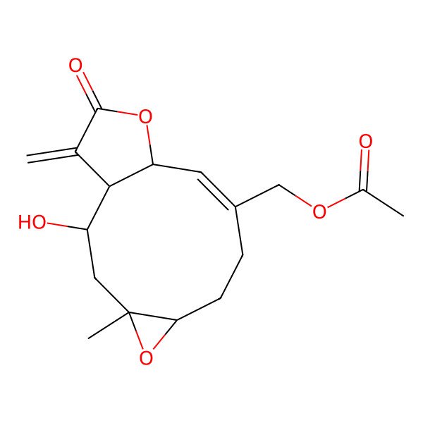 2D Structure of (2-Hydroxy-4-methyl-14-methylidene-13-oxo-5,12-dioxatricyclo[9.3.0.04,6]tetradec-9-en-9-yl)methyl acetate