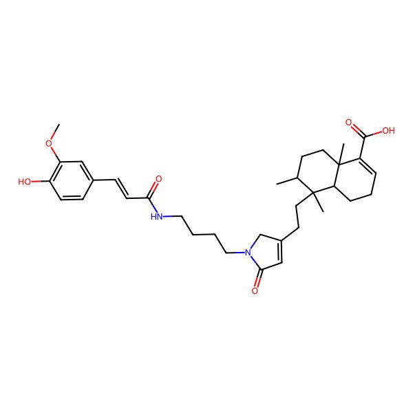2D Structure of (4aR,5S,6R,8aR)-5-[2-[1-[4-[[(E)-3-(4-hydroxy-3-methoxyphenyl)prop-2-enoyl]amino]butyl]-5-oxo-2H-pyrrol-3-yl]ethyl]-5,6,8a-trimethyl-3,4,4a,6,7,8-hexahydronaphthalene-1-carboxylic acid