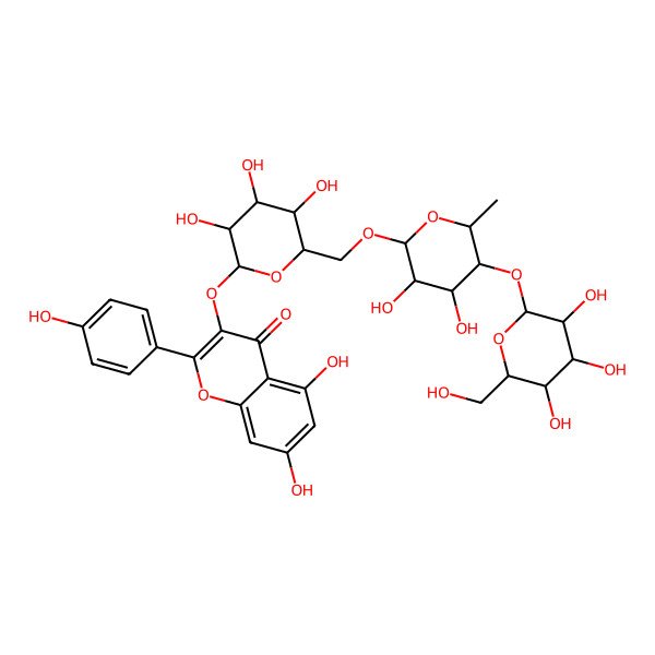 2D Structure of 3-[(2S,3R,4S,5S,6R)-6-[[(2R,3R,4S,5R,6S)-3,4-dihydroxy-6-methyl-5-[(2S,3R,4S,5S,6R)-3,4,5-trihydroxy-6-(hydroxymethyl)oxan-2-yl]oxyoxan-2-yl]oxymethyl]-3,4,5-trihydroxyoxan-2-yl]oxy-5,7-dihydroxy-2-(4-hydroxyphenyl)chromen-4-one