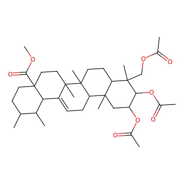 2D Structure of methyl (1S,2R,4aS,6aR,6aS,6bR,8aR,9S,10S,11R,12aR,14bS)-10,11-diacetyloxy-9-(acetyloxymethyl)-1,2,6a,6b,9,12a-hexamethyl-2,3,4,5,6,6a,7,8,8a,10,11,12,13,14b-tetradecahydro-1H-picene-4a-carboxylate