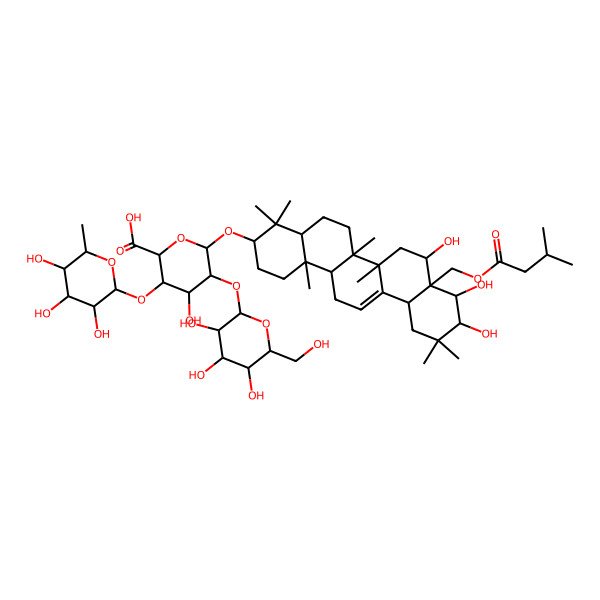 2D Structure of (2S,3S,4S,5R,6R)-6-[[(3S,4aR,6aR,6bS,8R,8aR,9R,10R,12aS,14aR,14bR)-8,9,10-trihydroxy-4,4,6a,6b,11,11,14b-heptamethyl-8a-(3-methylbutanoyloxymethyl)-1,2,3,4a,5,6,7,8,9,10,12,12a,14,14a-tetradecahydropicen-3-yl]oxy]-4-hydroxy-5-[(2S,3R,4S,5R,6R)-3,4,5-trihydroxy-6-(hydroxymethyl)oxan-2-yl]oxy-3-[(2S,3R,4R,5R,6S)-3,4,5-trihydroxy-6-methyloxan-2-yl]oxyoxane-2-carboxylic acid