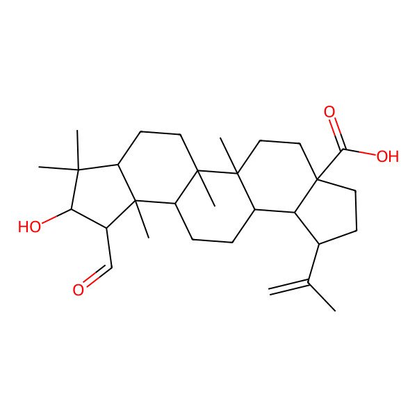 2D Structure of (1R,2R,5S,8R,9R,10S,13S,14R,15R,16S,18R)-15-formyl-16-hydroxy-1,2,14,17,17-pentamethyl-8-prop-1-en-2-ylpentacyclo[11.7.0.02,10.05,9.014,18]icosane-5-carboxylic acid