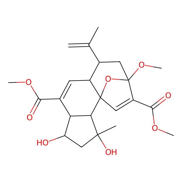 2D Structure of dimethyl (1R,2S,3S,5R,9R,10R,12S)-3,5-dihydroxy-12-methoxy-3-methyl-10-prop-1-en-2-yl-15-oxatetracyclo[10.2.1.01,9.02,6]pentadeca-7,13-diene-7,13-dicarboxylate