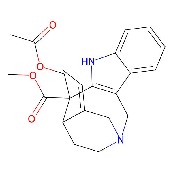 2D Structure of methyl (12R,13S,14Z)-12-(acetyloxymethyl)-14-ethylidene-1,10-diazatetracyclo[11.2.2.03,11.04,9]heptadeca-3(11),4,6,8-tetraene-12-carboxylate