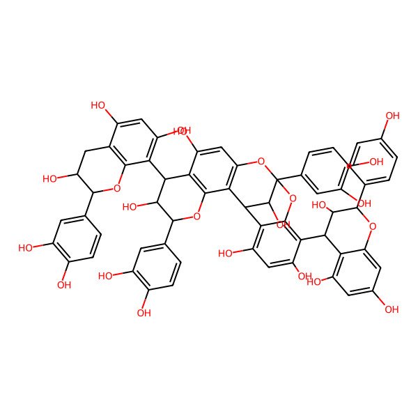 2D Structure of 5,13-bis(3,4-dihydroxyphenyl)-7-[2-(3,4-dihydroxyphenyl)-3,5,7-trihydroxy-3,4-dihydro-2H-chromen-8-yl]-16-[3,5,7-trihydroxy-2-(4-hydroxyphenyl)-3,4-dihydro-2H-chromen-4-yl]-4,12,14-trioxapentacyclo[11.7.1.02,11.03,8.015,20]henicosa-2(11),3(8),9,15,17,19-hexaene-6,9,17,19,21-pentol