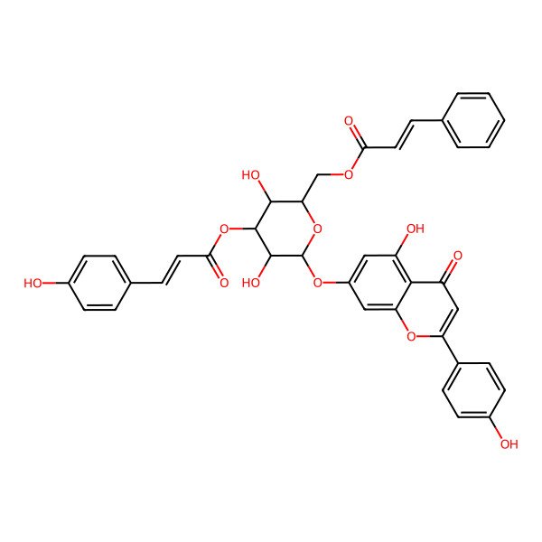 2D Structure of [(2R,3R,4S,5R,6S)-3,5-dihydroxy-6-[5-hydroxy-2-(4-hydroxyphenyl)-4-oxochromen-7-yl]oxy-4-[(E)-3-(4-hydroxyphenyl)prop-2-enoyl]oxyoxan-2-yl]methyl (E)-3-phenylprop-2-enoate