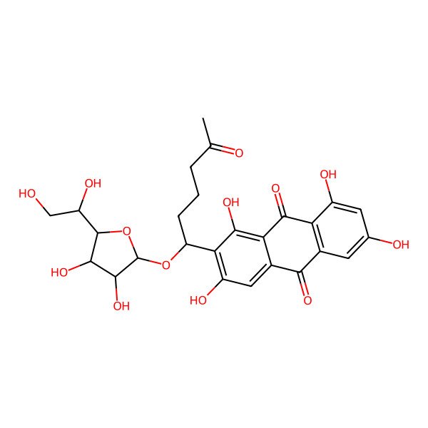 2D Structure of 2-[1-[5-(1,2-Dihydroxyethyl)-3,4-dihydroxyoxolan-2-yl]oxy-5-oxohexyl]-1,3,6,8-tetrahydroxyanthracene-9,10-dione