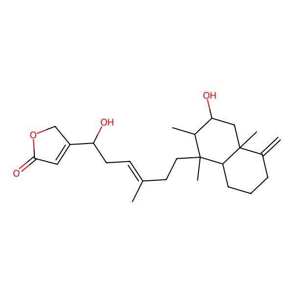 2D Structure of 3-[(E,1R)-6-[(1R,2R,3R,4aS,8aS)-3-hydroxy-1,2,4a-trimethyl-5-methylidene-3,4,6,7,8,8a-hexahydro-2H-naphthalen-1-yl]-1-hydroxy-4-methylhex-3-enyl]-2H-furan-5-one