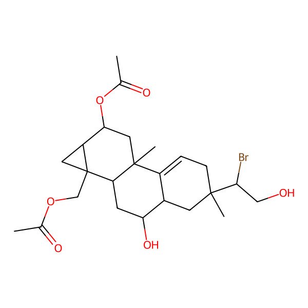 2D Structure of [(1aS,1bS,3R,3aR,5S,7bR,9R,9aR)-9-acetyloxy-5-[(1R)-1-bromo-2-hydroxyethyl]-3-hydroxy-5,7b-dimethyl-1,1b,2,3,3a,4,6,8,9,9a-decahydrocyclopropa[a]phenanthren-1a-yl]methyl acetate