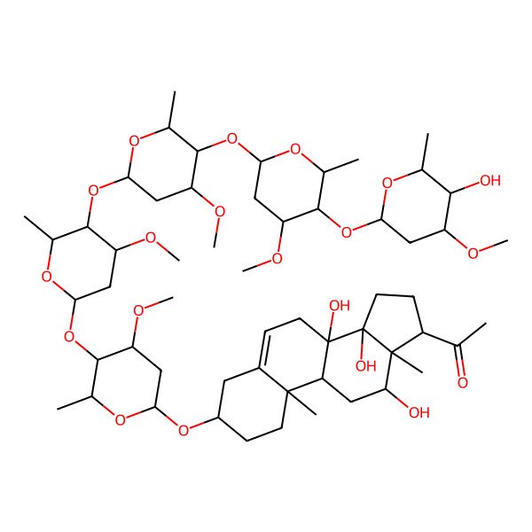 2D Structure of [(17alpha)-8,12beta,14beta-Trihydroxy-20-oxopregna-5-ene-3beta-yl]4-O-[4-O-[4-O-[4-O-(3-O-methyl-2,6-dideoxy-beta-D-arabino-hexopyranosyl)-3-O-methyl-2,6-dideoxy-beta-D-ribo-hexopyranosyl]-3-O-methyl-2,6-dideoxy-beta-D-arabino-hexopyranosyl]-3-O-methyl-2,6-dideoxy-beta-D-arabino-hexopyranosyl]-3-O-methyl-2,6-dideoxy-beta-D-arabino-hexopyranoside