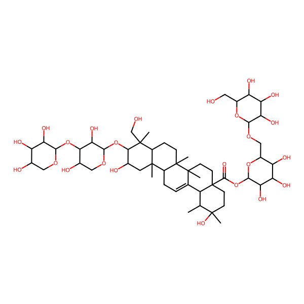 2D Structure of [3,4,5-Trihydroxy-6-[[3,4,5-trihydroxy-6-(hydroxymethyl)oxan-2-yl]oxymethyl]oxan-2-yl] 10-[3,5-dihydroxy-4-(3,4,5-trihydroxyoxan-2-yl)oxyoxan-2-yl]oxy-2,11-dihydroxy-9-(hydroxymethyl)-1,2,6a,6b,9,12a-hexamethyl-1,3,4,5,6,6a,7,8,8a,10,11,12,13,14b-tetradecahydropicene-4a-carboxylate