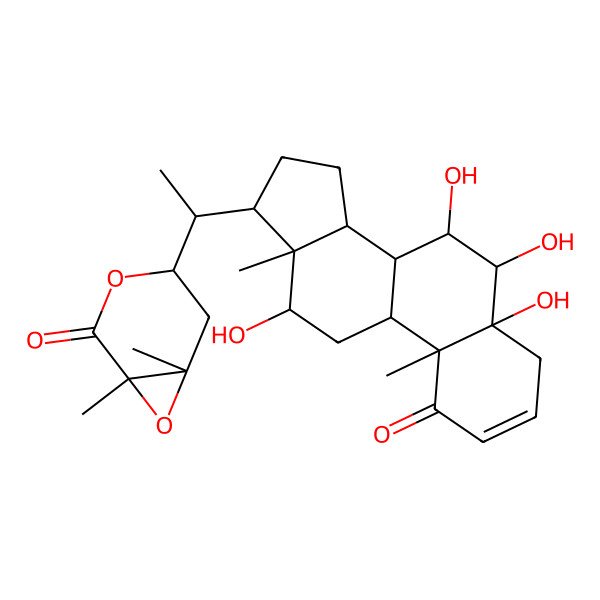 2D Structure of (1S,4R,6S)-1,6-dimethyl-4-[(1S)-1-[(5R,6S,7R,8S,9S,10R,12S,13R,14S,17R)-5,6,7,12-tetrahydroxy-10,13-dimethyl-1-oxo-6,7,8,9,11,12,14,15,16,17-decahydro-4H-cyclopenta[a]phenanthren-17-yl]ethyl]-3,7-dioxabicyclo[4.1.0]heptan-2-one