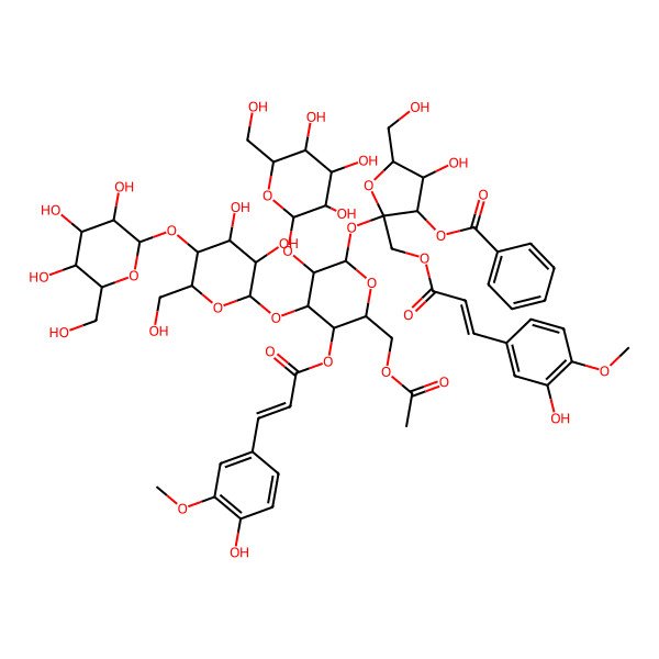 2D Structure of [(2S,3S,4R,5R)-2-[(2R,3R,4S,5R,6R)-6-(acetyloxymethyl)-4-[(2S,3R,4R,5S,6R)-3,4-dihydroxy-6-(hydroxymethyl)-5-[(2S,3R,4S,5S,6R)-3,4,5-trihydroxy-6-(hydroxymethyl)oxan-2-yl]oxyoxan-2-yl]oxy-5-[(E)-3-(4-hydroxy-3-methoxyphenyl)prop-2-enoyl]oxy-3-[(2S,3R,4S,5S,6R)-3,4,5-trihydroxy-6-(hydroxymethyl)oxan-2-yl]oxyoxan-2-yl]oxy-4-hydroxy-2-[[(E)-3-(3-hydroxy-4-methoxyphenyl)prop-2-enoyl]oxymethyl]-5-(hydroxymethyl)oxolan-3-yl] benzoate