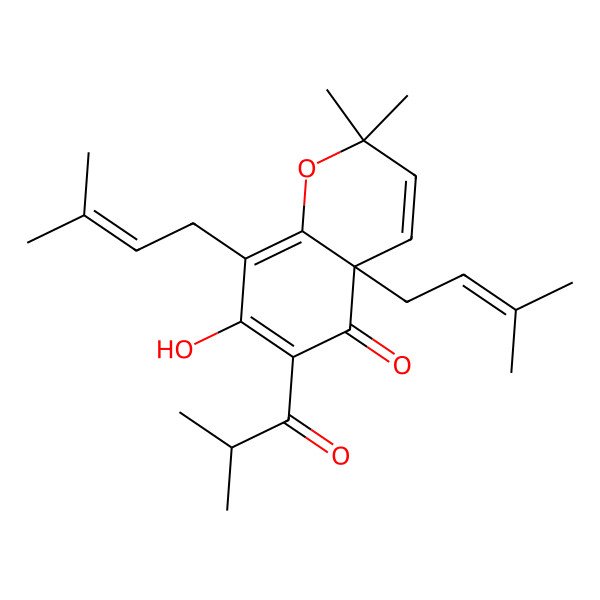 2D Structure of (4aR)-7-hydroxy-2,2-dimethyl-4a,8-bis(3-methylbut-2-enyl)-6-(2-methylpropanoyl)chromen-5-one