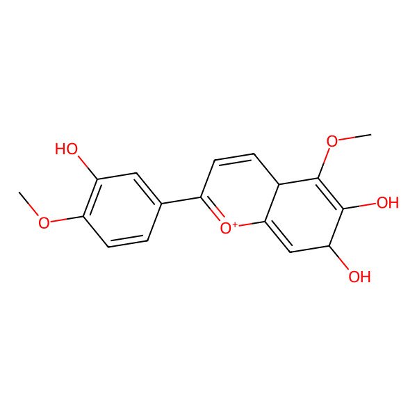 2D Structure of (4aR,7S)-2-(3-hydroxy-4-methoxyphenyl)-5-methoxy-4a,7-dihydrochromen-1-ium-6,7-diol