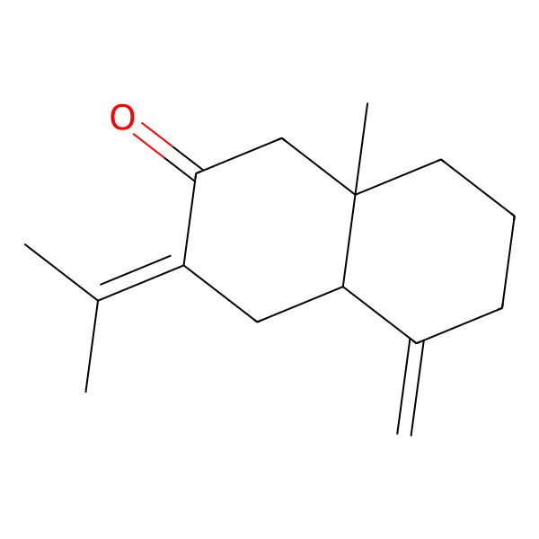 2D Structure of (4aR,8aS)-8a-methyl-5-methylidene-3-propan-2-ylidene-1,4,4a,6,7,8-hexahydronaphthalen-2-one 2D Structure of (4aR,8aS)-8a-methyl-5-methylidene-3-propan-2-ylidene-1,4,4a,6,7,8-hexahydronaphthalen-2-one
