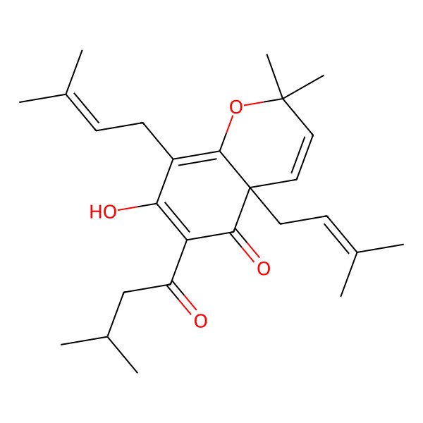 2D Structure of (4aS)-7-hydroxy-2,2-dimethyl-6-(3-methylbutanoyl)-4a,8-bis(3-methylbut-2-enyl)chromen-5-one 2D Structure of (4aS)-7-hydroxy-2,2-dimethyl-6-(3-methylbutanoyl)-4a,8-bis(3-methylbut-2-enyl)chromen-5-one
