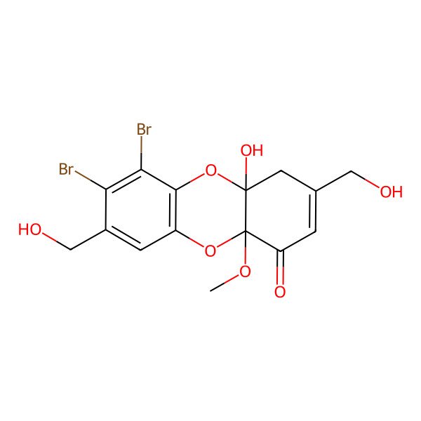 2D Structure of (4aS,10aS)-6,7-dibromo-4a-hydroxy-3,8-bis(hydroxymethyl)-10a-methoxy-4H-dibenzo-p-dioxin-1-one