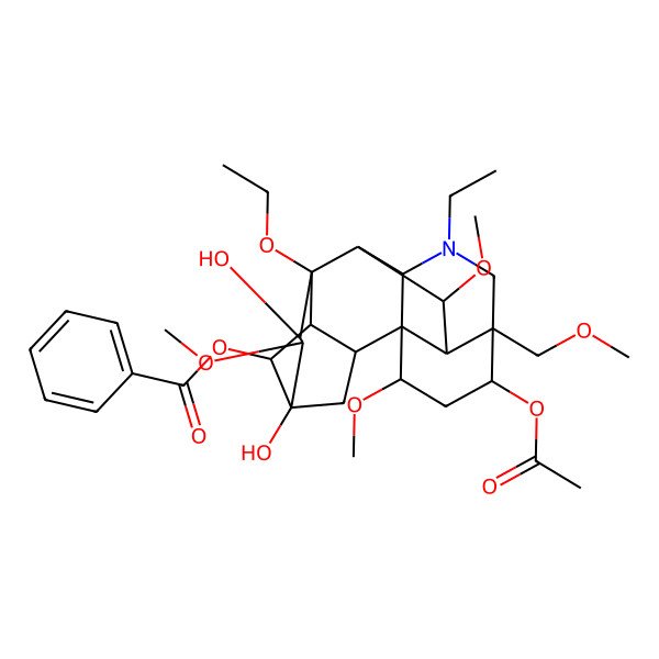 2D Structure of [(1S,2R,3R,4R,5R,6S,7S,8R,9R,10R,13R,14R,16S,17S,18R)-14-acetyloxy-8-ethoxy-11-ethyl-5,7-dihydroxy-6,16,18-trimethoxy-13-(methoxymethyl)-11-azahexacyclo[7.7.2.12,5.01,10.03,8.013,17]nonadecan-4-yl] benzoate