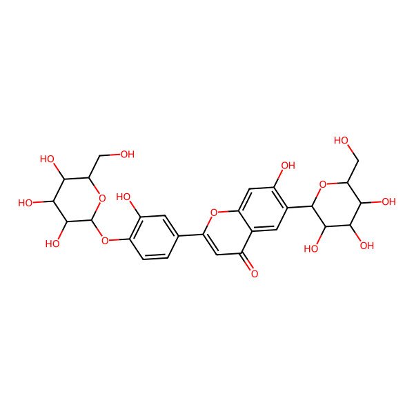 2D Structure of 7-Hydroxy-2-[3-hydroxy-4-[3,4,5-trihydroxy-6-(hydroxymethyl)oxan-2-yl]oxyphenyl]-6-[3,4,5-trihydroxy-6-(hydroxymethyl)oxan-2-yl]chromen-4-one