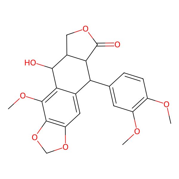 2D Structure of (5R,5aR,8aR,9R)-9-(3,4-dimethoxyphenyl)-5-hydroxy-4-methoxy-5a,6,8a,9-tetrahydro-5H-[2]benzofuro[6,5-f][1,3]benzodioxol-8-one