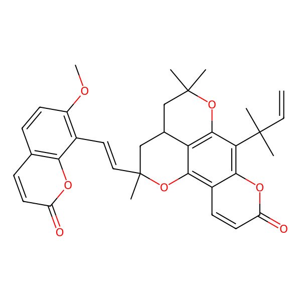 2D Structure of (13S,15R)-15-[(E)-2-(7-methoxy-2-oxochromen-8-yl)ethenyl]-11,11,15-trimethyl-8-(2-methylbut-3-en-2-yl)-6,10,16-trioxatetracyclo[7.7.1.02,7.013,17]heptadeca-1(17),2(7),3,8-tetraen-5-one