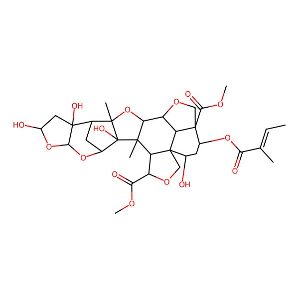 2D Structure of dimethyl (1S,4S,5R,6S,7R,8S,10R,12S,14S,15S,16R,18S,19R,22S,23R,25S,26R)-7,12,14,25-tetrahydroxy-6,16-dimethyl-23-[(E)-2-methylbut-2-enoyl]oxy-3,9,11,17,20-pentaoxaoctacyclo[17.6.1.18,15.01,5.06,18.07,16.010,14.022,26]heptacosane-4,22-dicarboxylate