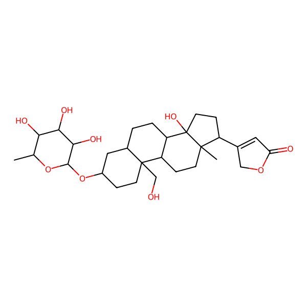 2D Structure of 3-[(3S,5S,8R,9S,10R,13R,14S,17R)-14-hydroxy-10-(hydroxymethyl)-13-methyl-3-[(2R,3S,4S,5R,6S)-3,4,5-trihydroxy-6-methyloxan-2-yl]oxy-1,2,3,4,5,6,7,8,9,11,12,15,16,17-tetradecahydrocyclopenta[a]phenanthren-17-yl]-2H-furan-5-one