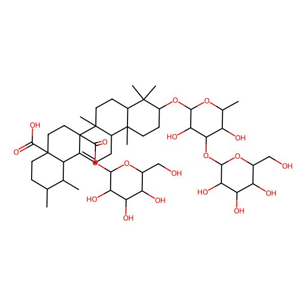 2D Structure of (1S,2R,4aS,6aR,6aR,6bR,8aR,10S,12aR,14bS)-10-[(2R,3R,4R,5S,6S)-3,5-dihydroxy-6-methyl-4-[(2S,3R,4S,5S,6R)-3,4,5-trihydroxy-6-(hydroxymethyl)oxan-2-yl]oxyoxan-2-yl]oxy-1,2,6b,9,9,12a-hexamethyl-6a-[(2S,3R,4S,5S,6R)-3,4,5-trihydroxy-6-(hydroxymethyl)oxan-2-yl]oxycarbonyl-2,3,4,5,6,6a,7,8,8a,10,11,12,13,14b-tetradecahydro-1H-picene-4a-carboxylic acid