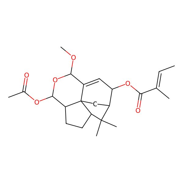 2D Structure of (7-Acetyloxy-5-methoxy-14,14-dimethyl-6-oxatetracyclo[9.2.1.04,12.08,12]tetradec-3-en-2-yl) 2-methylbut-2-enoate