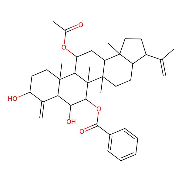 2D Structure of (12-Acetyloxy-7,9-dihydroxy-5a,5b,11a,13b-tetramethyl-8-methylidene-3-prop-1-en-2-yl-1,2,3,3a,4,5,6,7,7a,9,10,11,11b,12,13,13a-hexadecahydrocyclopenta[a]chrysen-6-yl) benzoate