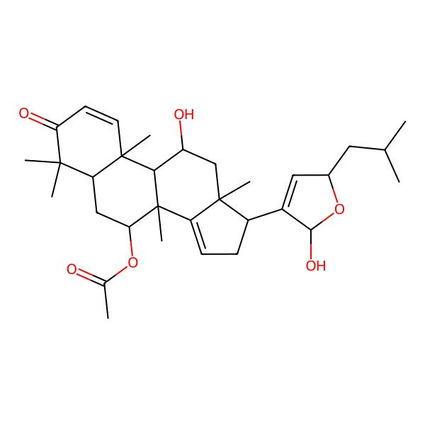 2D Structure of [(5S,7R,8R,9R,10S,11R,13S,17R)-11-hydroxy-17-[(2S,5R)-2-hydroxy-5-(2-methylpropyl)-2,5-dihydrofuran-3-yl]-4,4,8,10,13-pentamethyl-3-oxo-5,6,7,9,11,12,16,17-octahydrocyclopenta[a]phenanthren-7-yl] acetate