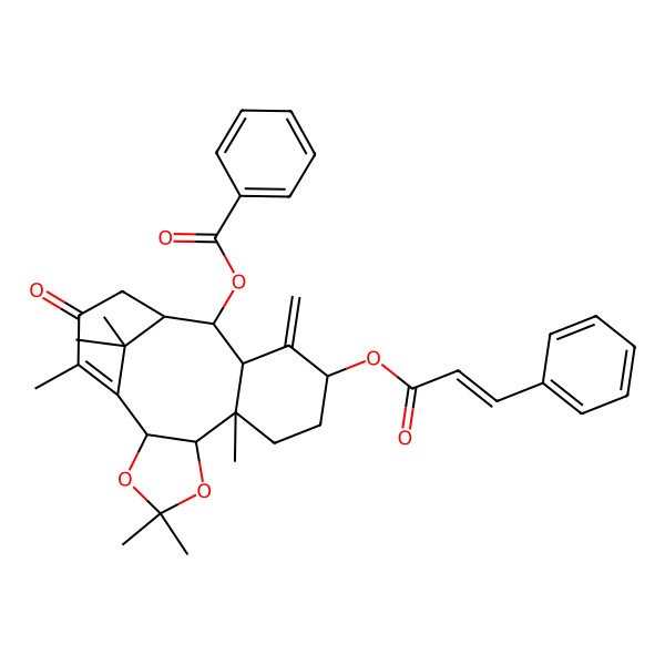 2D Structure of [(2R,6R,7R,10S,12R,13R,14R)-4,4,7,17,18,18-hexamethyl-11-methylidene-16-oxo-10-[(E)-3-phenylprop-2-enoyl]oxy-3,5-dioxatetracyclo[12.3.1.02,6.07,12]octadec-1(17)-en-13-yl] benzoate