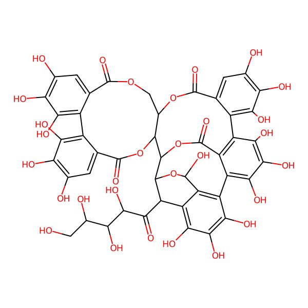 2D Structure of 7,8,9,12,13,14,25,26,27,30,31,32,35,36,37,40-Hexadecahydroxy-46-(2,3,4,5-tetrahydroxypentanoyl)-3,18,21,41,43-pentaoxanonacyclo[27.13.3.138,42.02,20.05,10.011,16.023,28.033,45.034,39]hexatetraconta-5,7,9,11,13,15,23,25,27,29(45),30,32,34(39),35,37-pentadecaene-4,17,22,44-tetrone