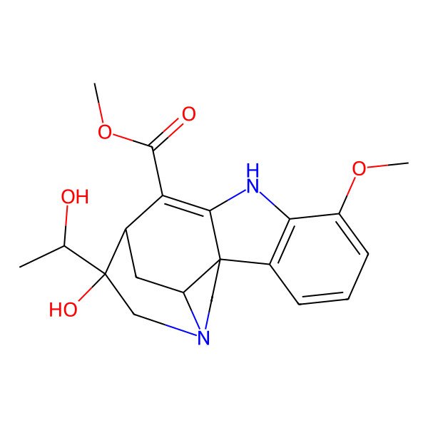 2D Structure of Methyl 12-hydroxy-12-(1-hydroxyethyl)-6-methoxy-8,14-diazapentacyclo[9.5.2.01,9.02,7.014,17]octadeca-2(7),3,5,9-tetraene-10-carboxylate