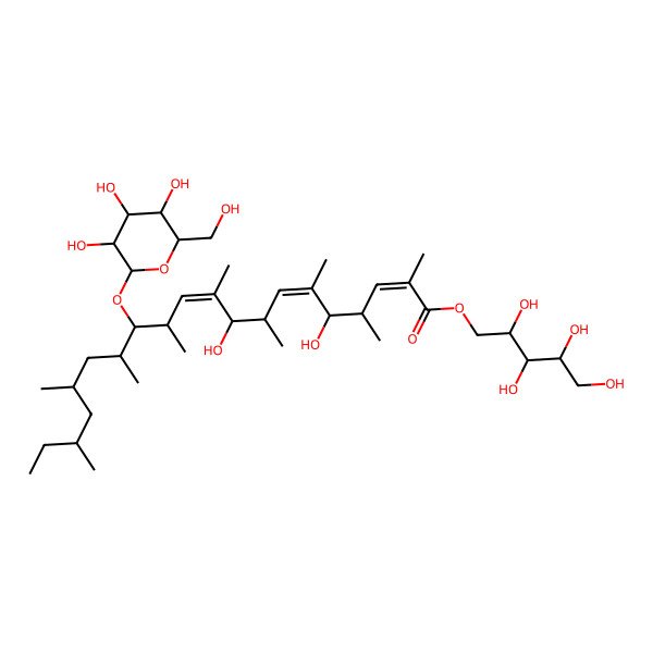 2D Structure of [(2S,3R,4S)-2,3,4,5-tetrahydroxypentyl] (2E,4S,5R,6E,8S,9R,10E,12S,13S,14S,16S,18S)-5,9-dihydroxy-2,4,6,8,10,12,14,16,18-nonamethyl-13-[(2R,3S,4S,5S,6R)-3,4,5-trihydroxy-6-(hydroxymethyl)oxan-2-yl]oxyicosa-2,6,10-trienoate