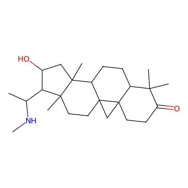 2D Structure of (1S,3R,8R,11S,12S,14R,15S,16R)-14-hydroxy-7,7,12,16-tetramethyl-15-[(1R)-1-(methylamino)ethyl]pentacyclo[9.7.0.01,3.03,8.012,16]octadecan-6-one
