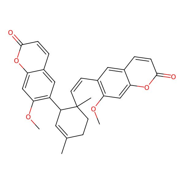 2D Structure of 7-methoxy-6-[(E)-2-[(1S,2R)-2-(7-methoxy-2-oxochromen-6-yl)-1,4-dimethylcyclohex-3-en-1-yl]ethenyl]chromen-2-one