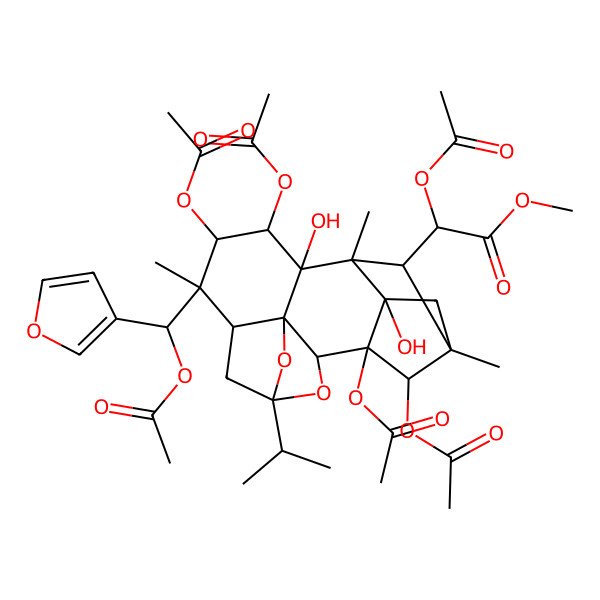 2D Structure of methyl (2R)-2-acetyloxy-2-[(1S,2S,3R,5R,7R,8R,9R,10R,11R,12R,13S,14R,16R,17S)-1,9,10,17-tetraacetyloxy-8-[(S)-acetyloxy(furan-3-yl)methyl]-11,16-dihydroxy-8,12,14-trimethyl-5-propan-2-yl-4,18-dioxahexacyclo[12.2.1.12,5.03,7.03,11.012,16]octadecan-13-yl]acetate