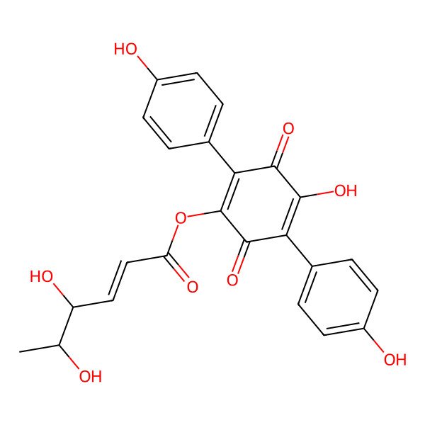 2D Structure of [4-hydroxy-2,5-bis(4-hydroxyphenyl)-3,6-dioxocyclohexa-1,4-dien-1-yl] (Z,4R,5S)-4,5-dihydroxyhex-2-enoate